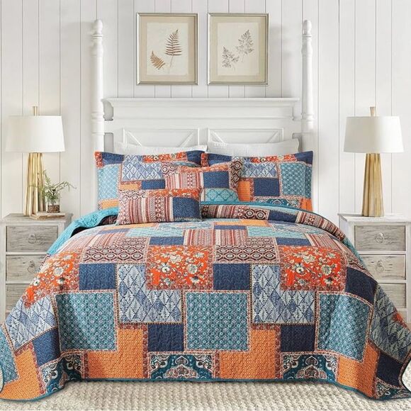 Bedifany Cotton King Quilt Bedding Set Orange Blue Farmhouse Boho NWT - Picture 1 of 8
